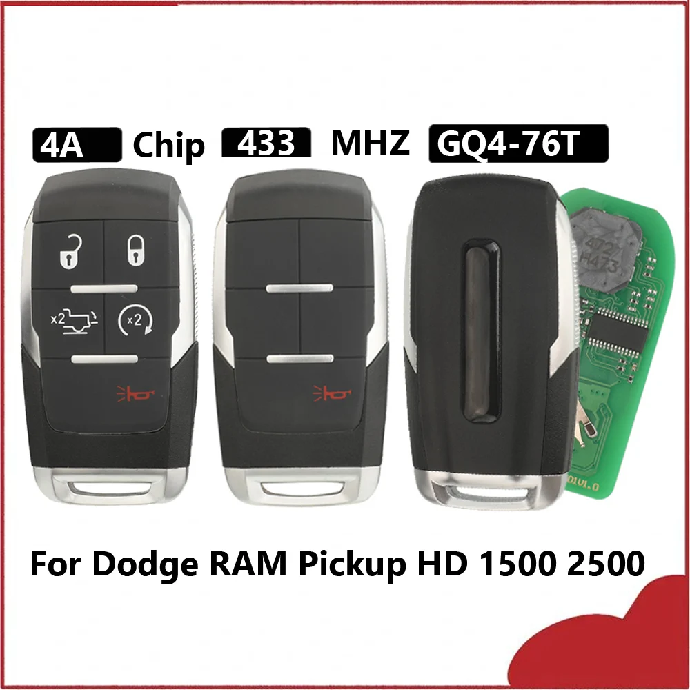 jingyuqin Neuer GQ4-76T 433MHz 4AChip Fernbedienungs-Autoschlüssel 68374994 für Dodge RAM Pickup HD 1500 2500 3500 4500 5500 2019-2024 KeylessGo