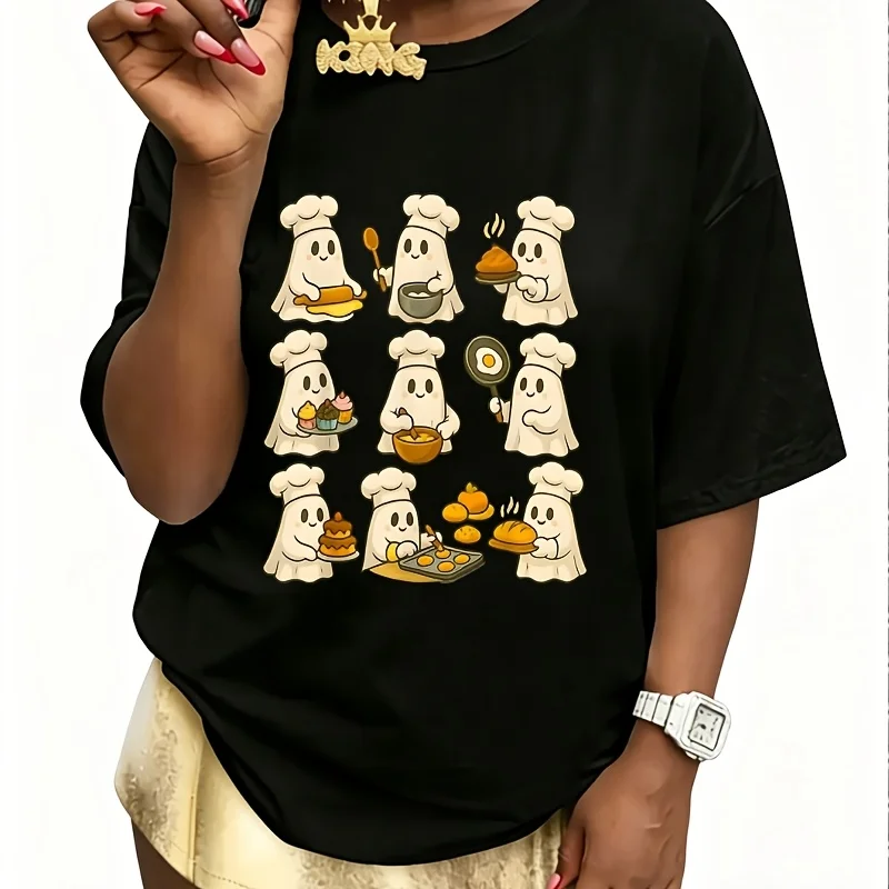 Cute Baker Halloween Baking for Pastry & Food Lovers Women's 100% Cotton T-Shirt Fun Print Short Sleeve Top Casual Round Neck Tee S-5Xl