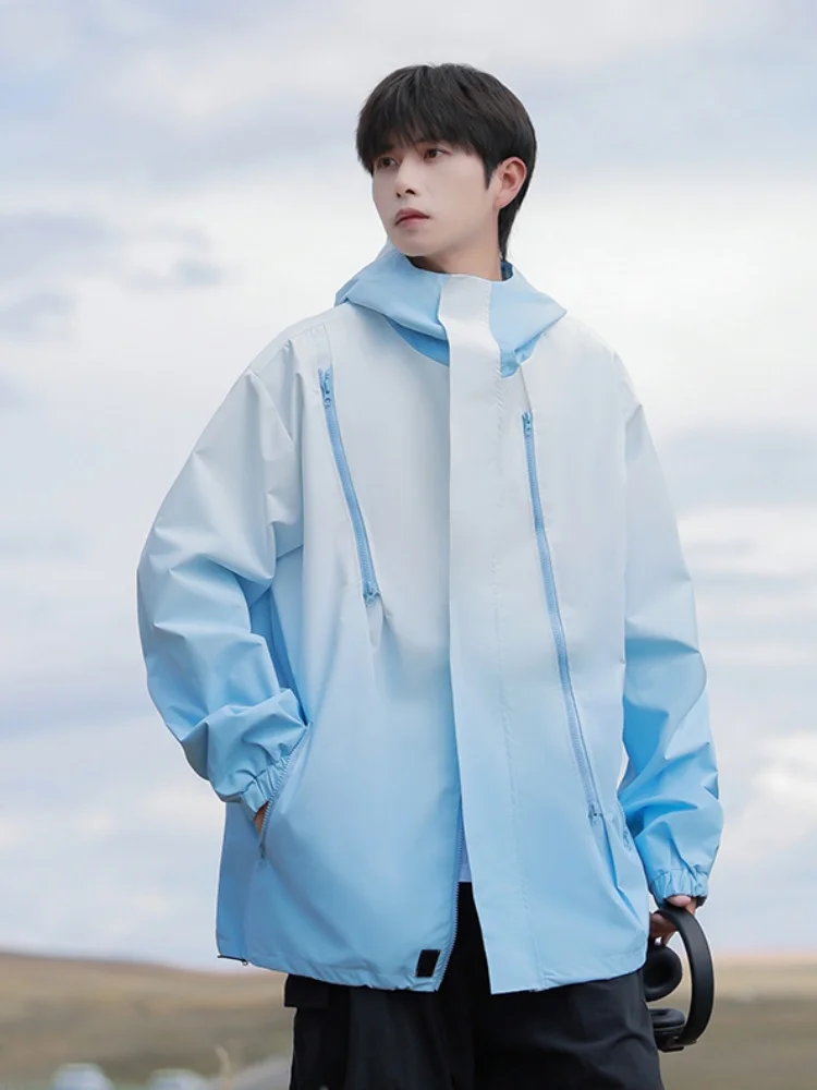 Unisex Outdoor Windproof Fleece Lined Zipper Hooded Jacket Casual Style Spring Autumn Gradient Color Sports Leisure Coat