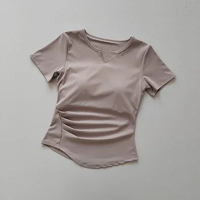 V 넥 넥타이 유방 패드 요가 정장 반팔 여성 체육관 여름 슬림 훈련 피트니스 탑 빠른 드라이 러닝 티셔츠 의류