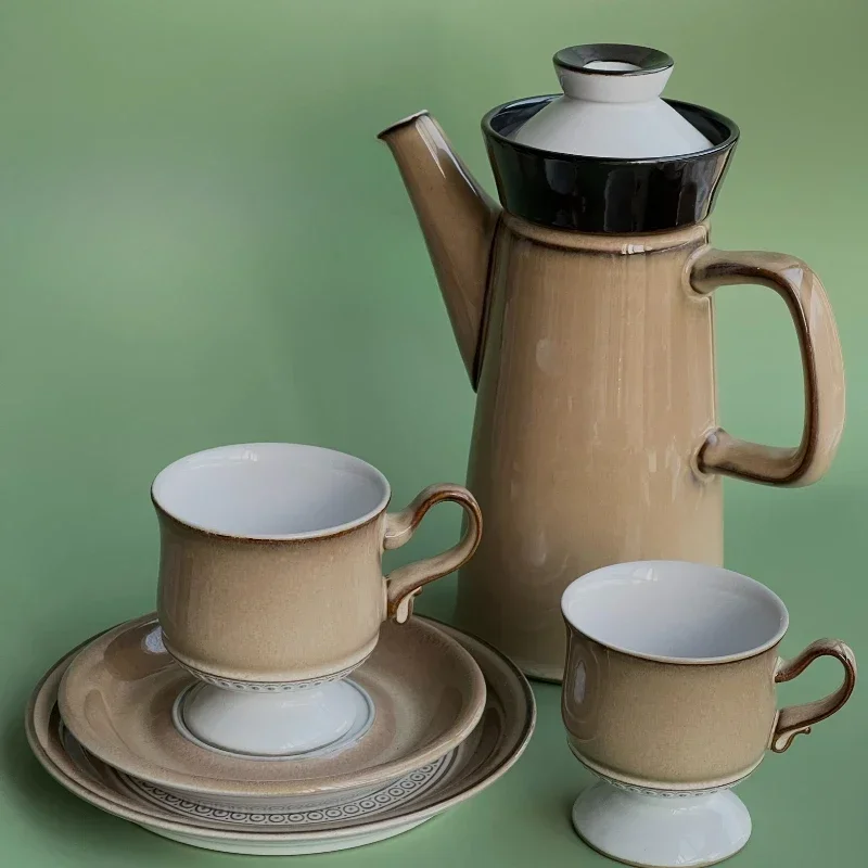 Brown, coffee saucers, plates, coffee maker