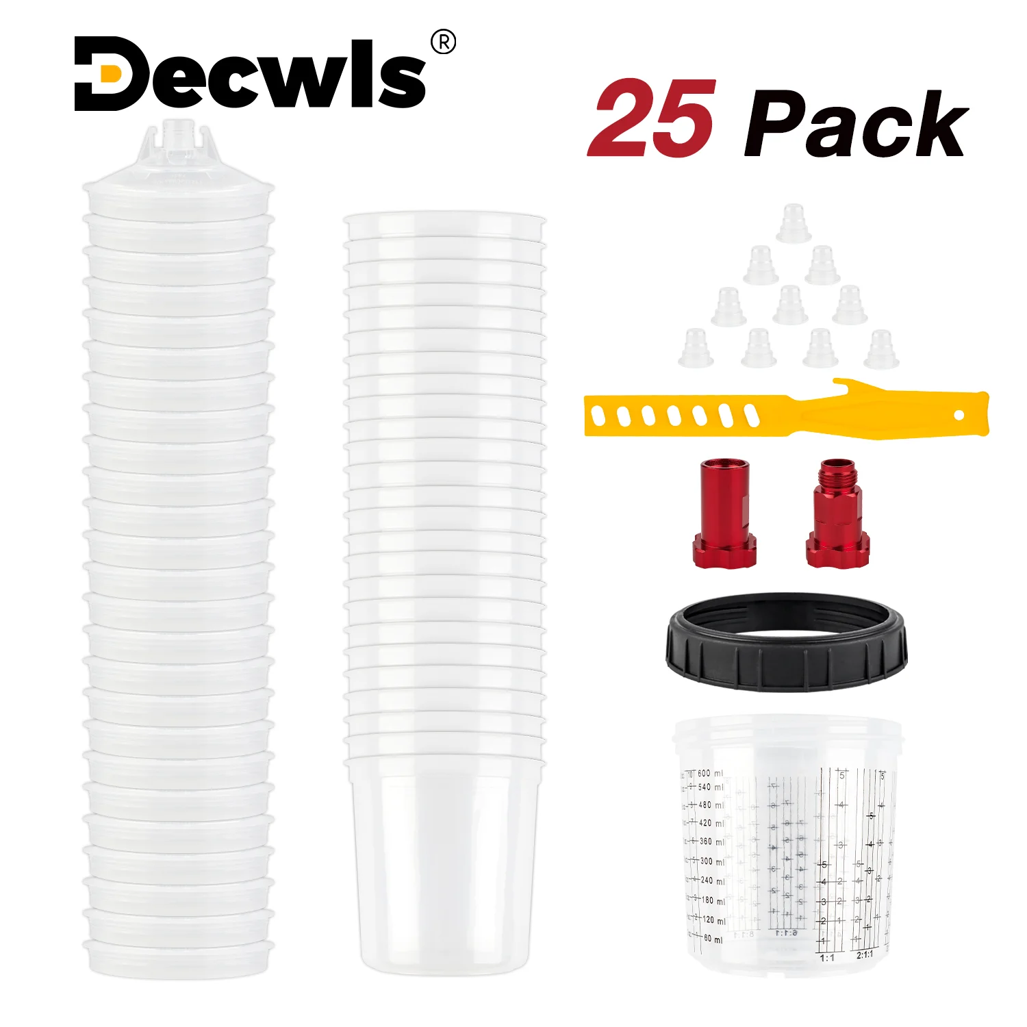 

New Paint Spray Gun Cup 600ml Paint Mixing Cup 10/25PCS Disposable Paint Cup Spray Gun Pot with Inner Cup with Lids & 2 Adapter
