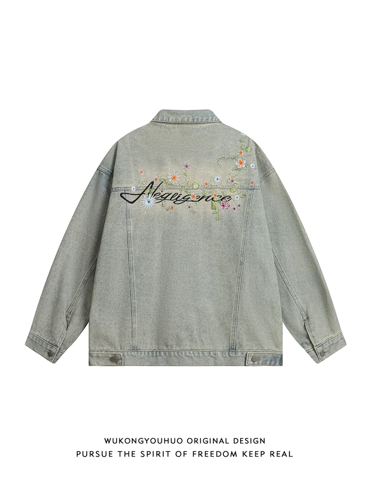 

Retro Loose Fit Embroidered Denim Jaet ex Casual Sle Floral Patterned Outerwear for Men And Women Youth ular Jeans...