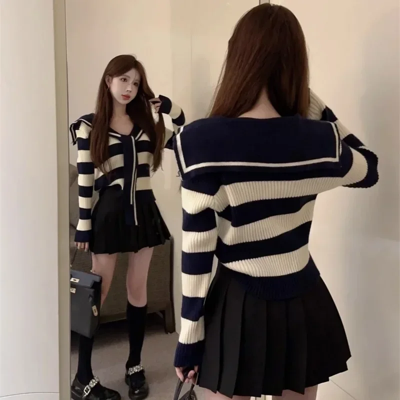 Ezgaga Knitted Sweater Women Sailor Collar Striped Autumn Winter Stretch Vintage Fashion Pullover Female Jumper Preppy Style