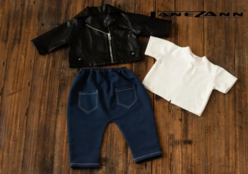 Jane Z Ann Handsome rock suit leather jacket  +harem pants +Tshirt clothes newborn photography props baby photo studio outfits