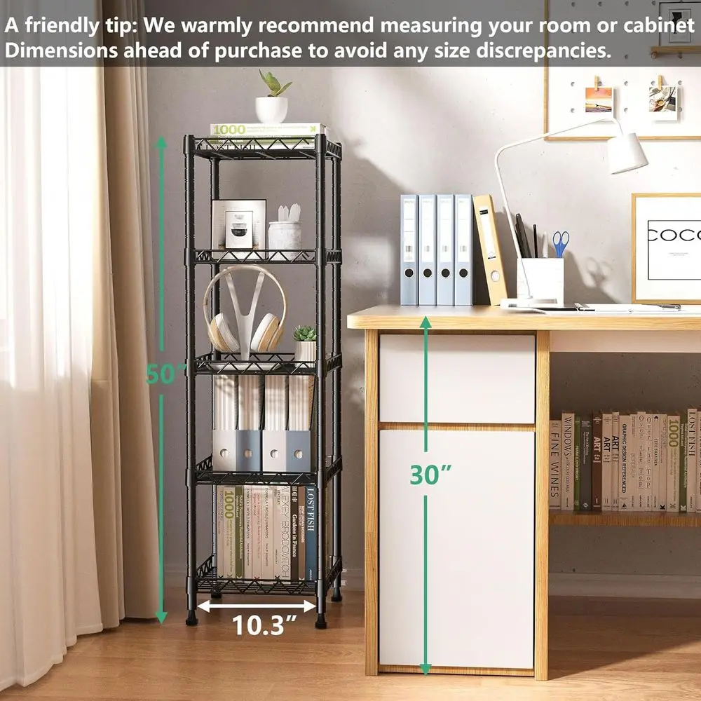 Regulowany regał metalowy z 5 półkami, czarny, do kuchni, pralni i łazienki, 11,8x11,8x50