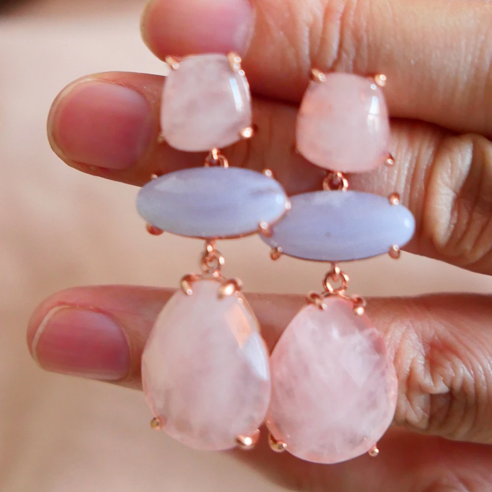 KQDANCE Natural Gem Stone Pink Rose Quartz Blue Agate Tear Drop Earrings Silver Pin Rose Gold Plated Jewelry Woman