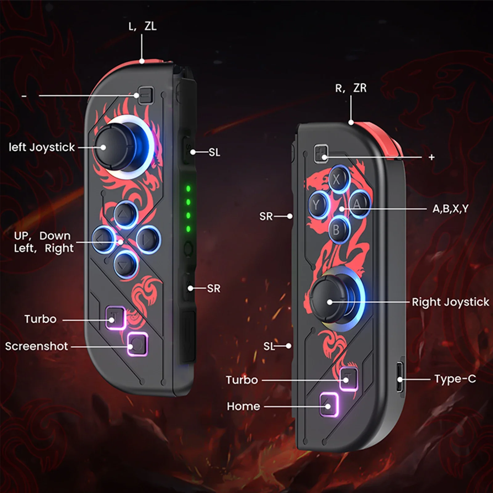 Joypad وحدة تحكم لاسلكية RGB LED Switch L/R Joypad لنينتندو سويتش/لايت/Oled JoyCons Gamepads عصا التحكم مع اهتزاز مزدوج