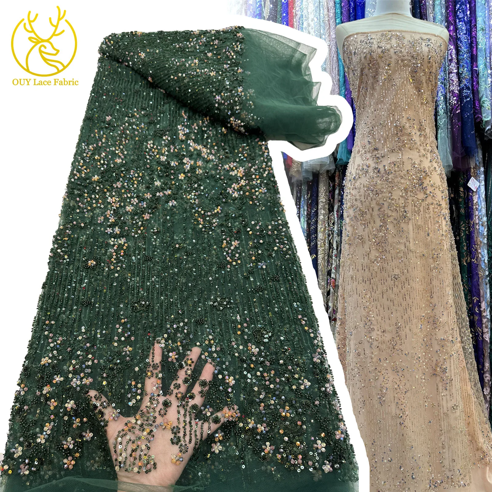 

African Sequin Beaded Lace Fabric 2025 Luxury New Rhinestone Elegant Embroidery Lace Fabric Suitable For Party Dress Sewing