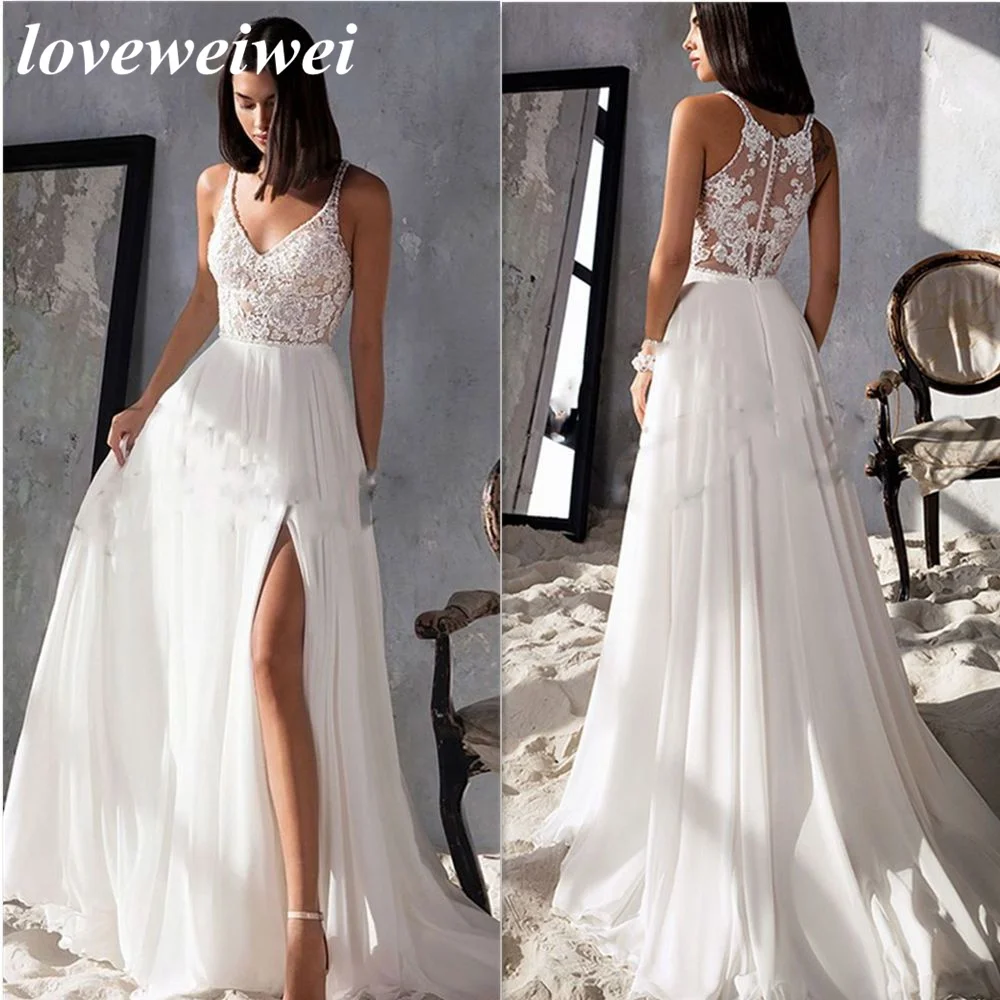 Simple V-Neck Front High Split Wedding Dresses For Women Custom Made 2022 Lace Appliques Chiffon Spaghetti Straps Bridal Gown