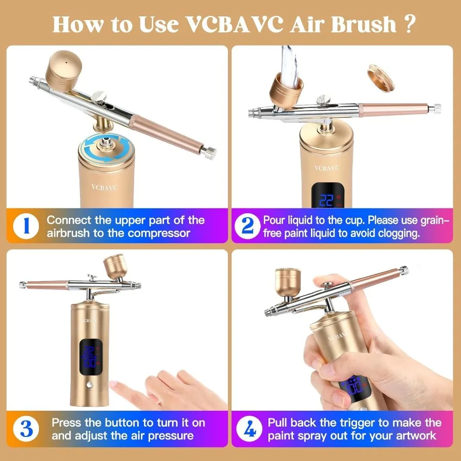 Airbrush-Set mit Kompressor, 48 PSI, Hochdruck-Luftbürsten-Set, nicht verstopfend, kabellos, wiederaufladbar, mit 0,3-mm-Düse und Reinigung