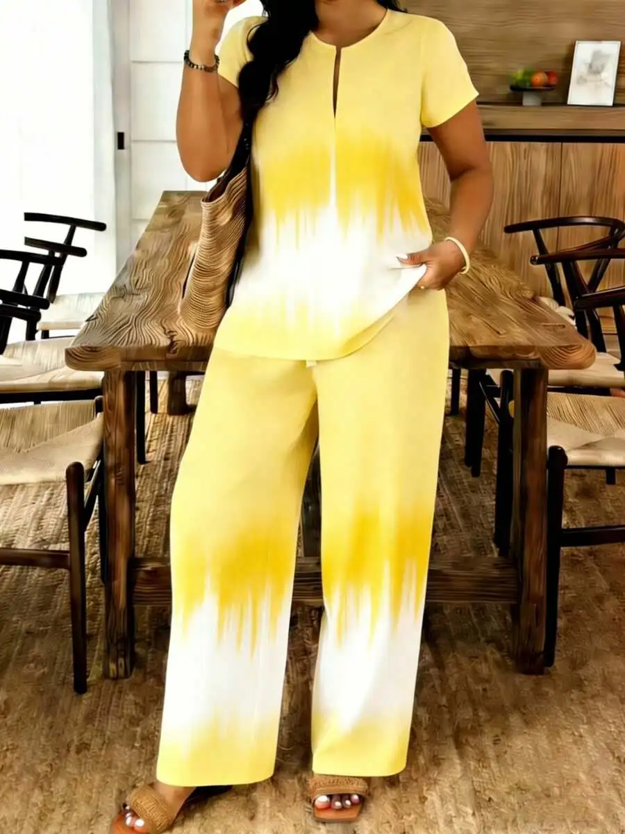 

Plus Size Women Two Piece Set Pale Yellow White Tie Dye Gradient Top And Wide Leg Pants Casual Summer Outfit