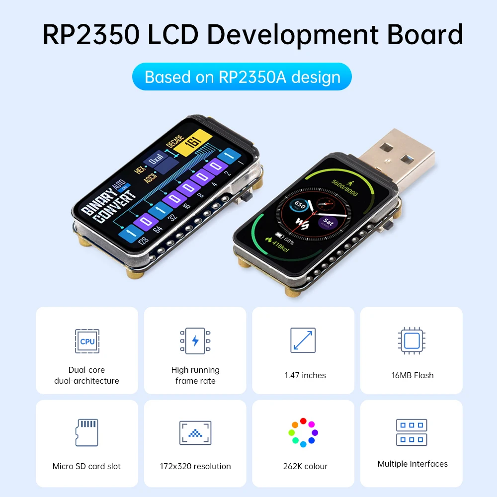 

Type-C RP2350 LCD 1.47 inch LCD Display Development board 172×320 RP2350A 1.47 inch Screen Processor Type-A For Aspberry Pi