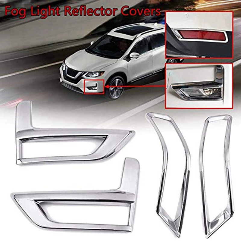 4Pcs Chrome Front Rear Fog Light Cover Bumper Reflector Frame for Nissan Rogue X-Trail T32