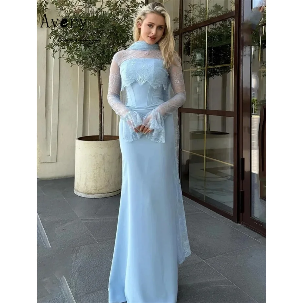 

Вечернее платье Avery Custom небесно-голубого цвета с кружевной вышивкой и длинными рукавами для женщин, для свадебных торжеств