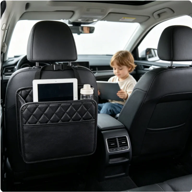 

Universal Car Seat Back Organizer Waterproof Leather Multifunctional Hanging Storage Bag Foldable with Large Garbage Bin