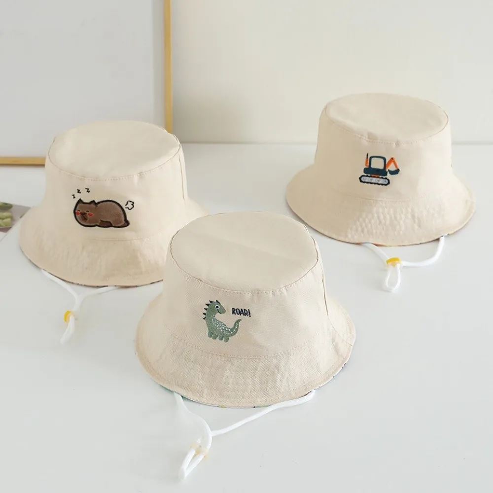 

Double-sided Children Bucket Hat Sun Shading Breathable Fisherman Hat Dinosaur Excavator Embroidered Beach Sun Hat