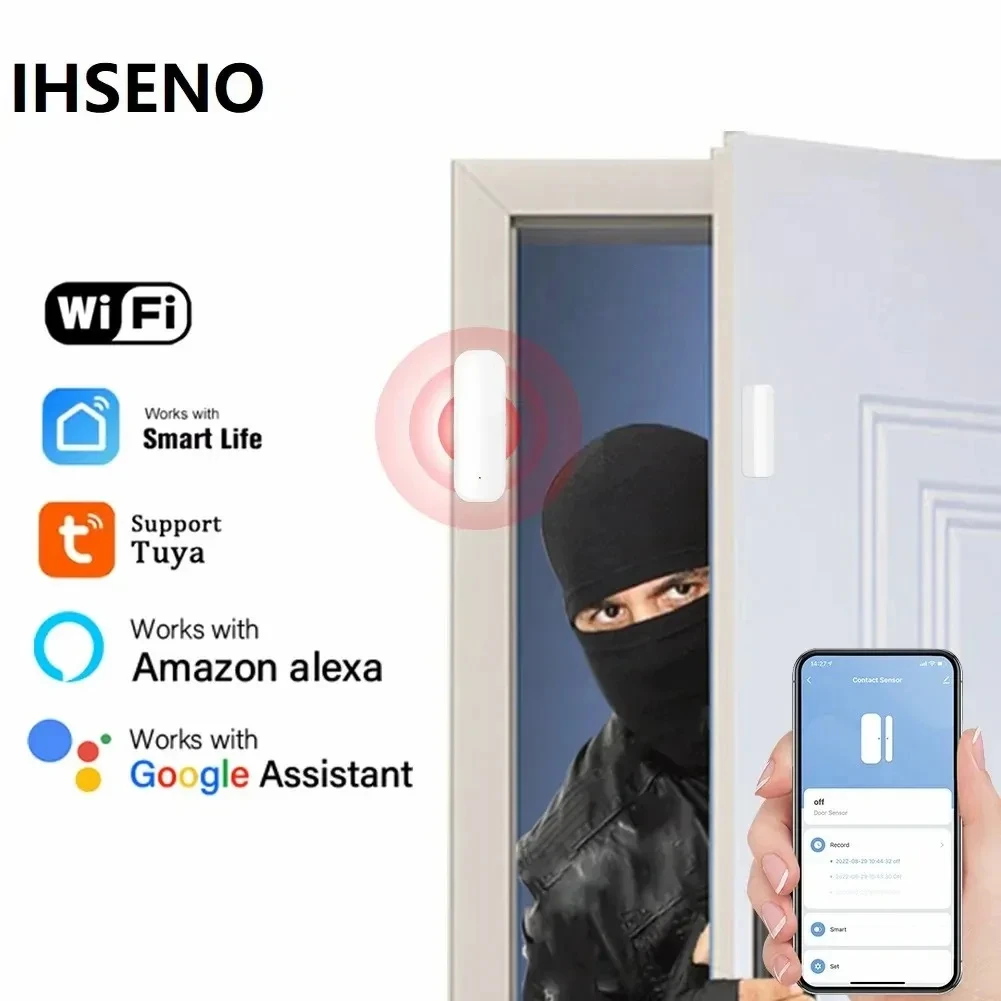 Tuya Sensor de alerta de apertura de puerta inteligente inalámbrico, Notificación por aplicación, Sensor magnético, Smart Life, sistema de alarma de puerta antirrobo para el hogar con Alexa