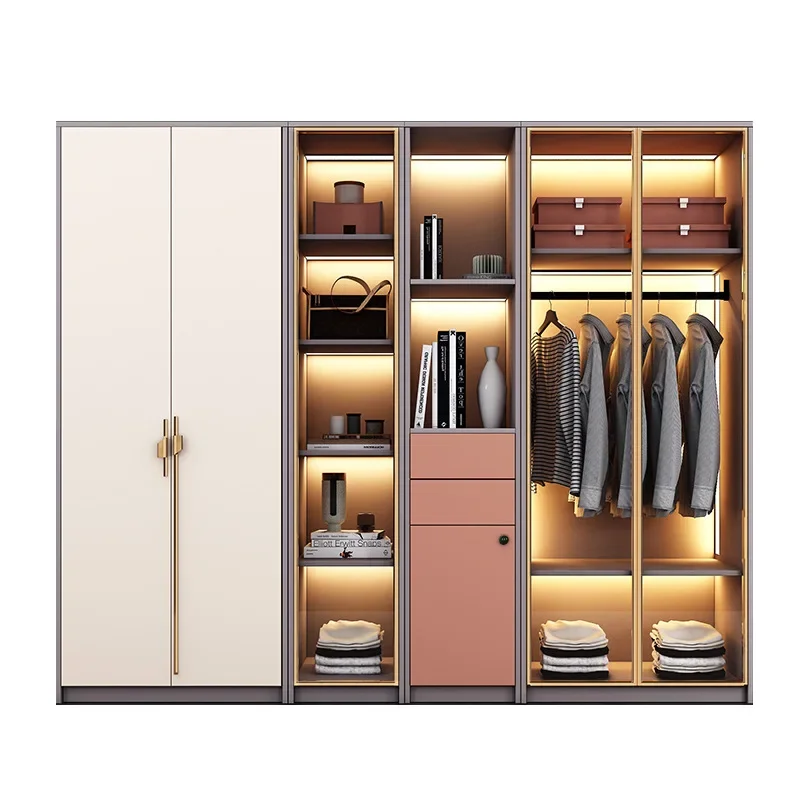 Customized light luxury swing door wardrobe storage home bedroom glass door assembly four six eight door wardrobe size apartment