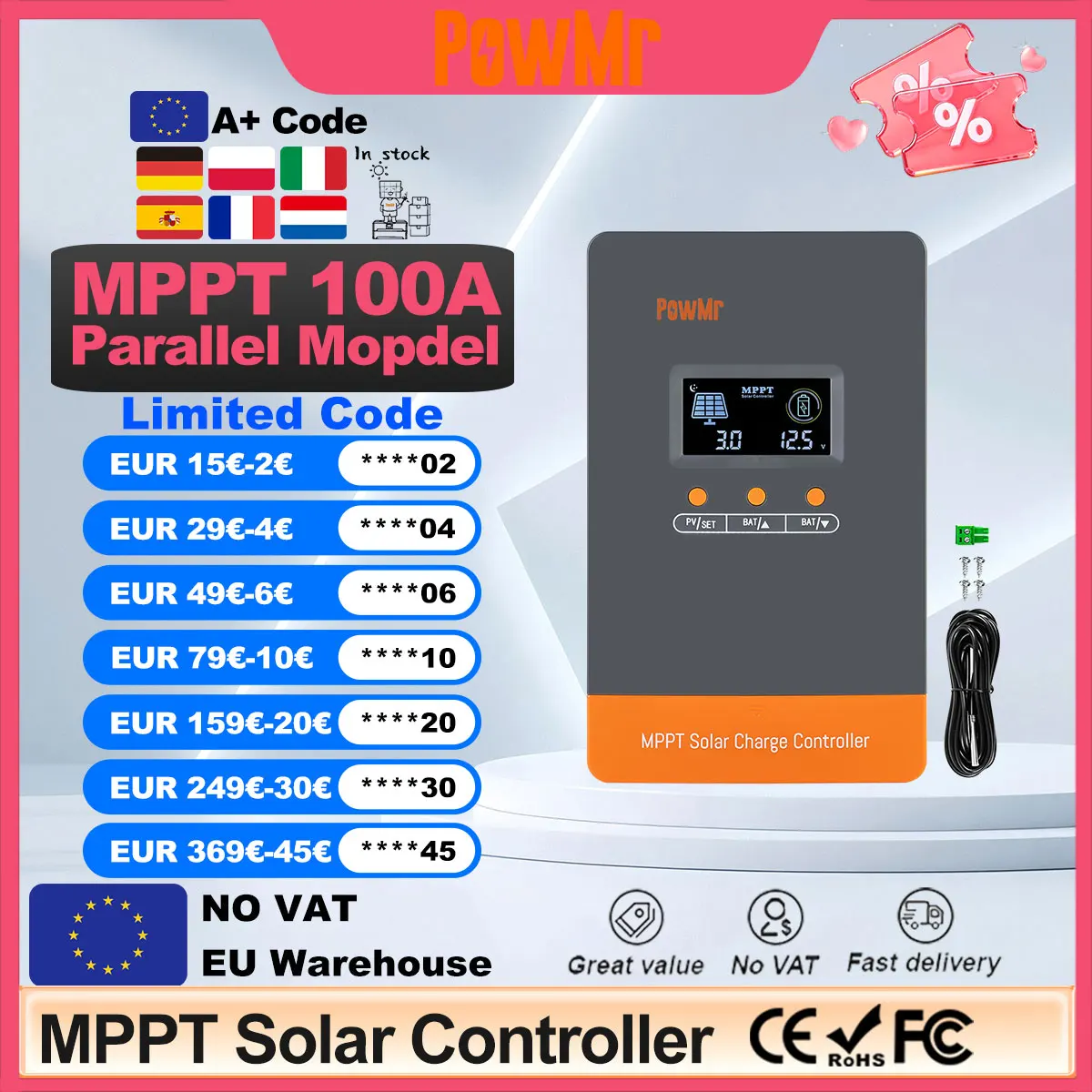 PowMr 100A MPPT Solar Charge Controller Intelligent Regulator for 12V 24V 36V 48V Solar Battery Bank 160V Panel Can Paralle 12PC