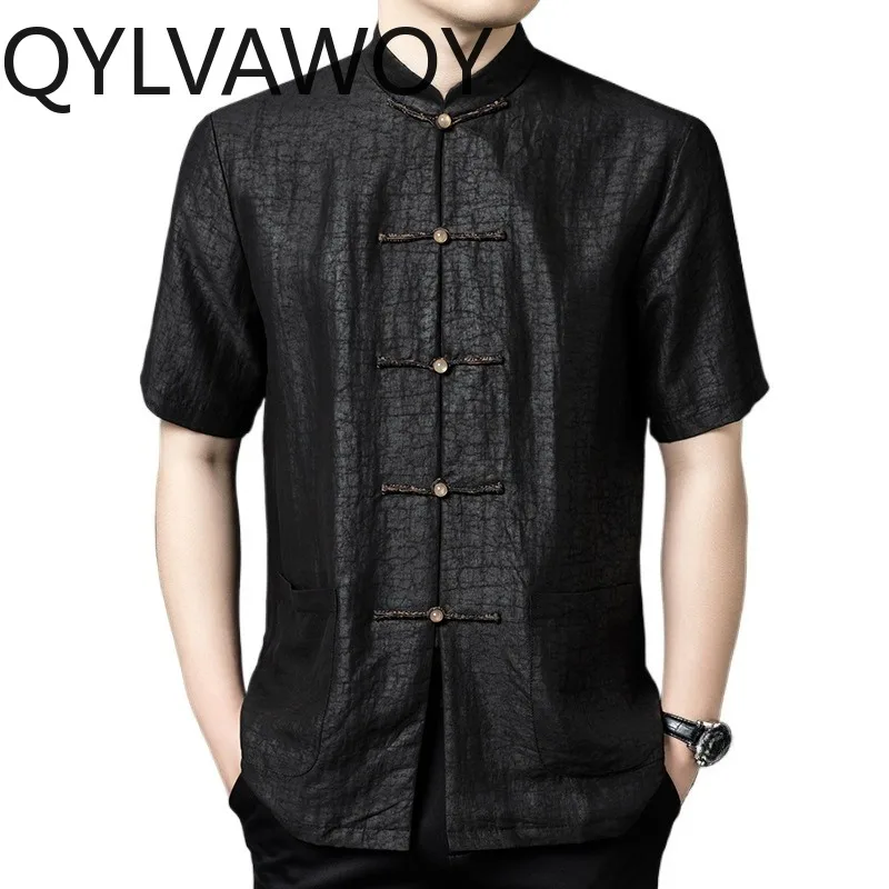 

QYLVAWOY 100% Real Mulberry Silk Men's Shirts Summer Tops Shirts for Man Short Sleeve Shirt Menswear Clothing High-end Camisa