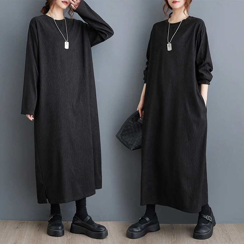 Casual Loose Long Sve Dr k Texture Lazy Sle Bla Color Basic Long Dr Polyester Cotton Blend H-ape Silhouette