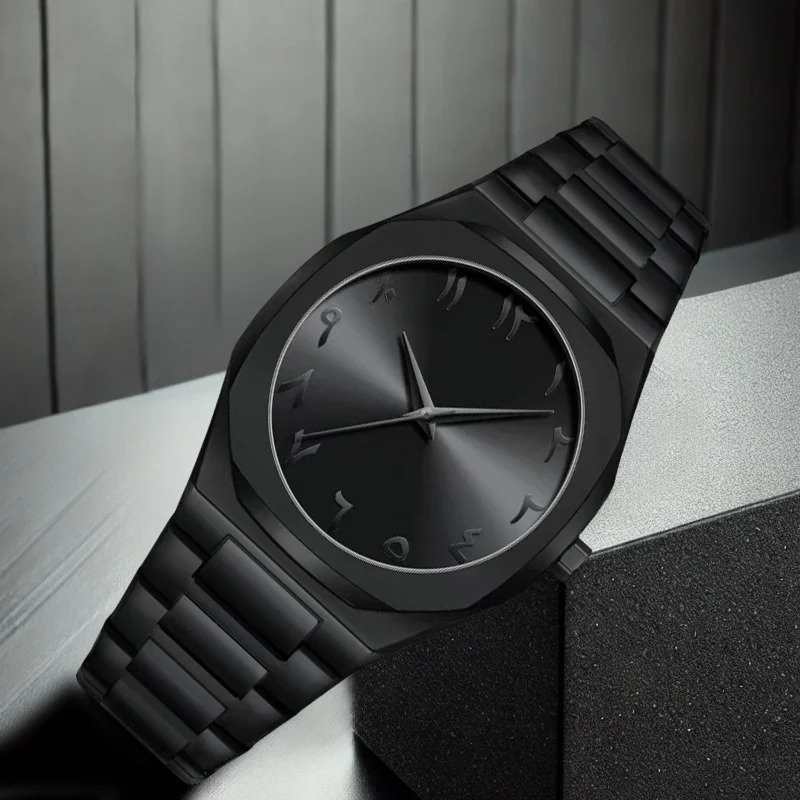 1 قطعة ساعة كوارتز بشريط أسود للرجال بتصميم بسيط ومتعددة الاستخدامات ومؤشر رقمي فريد من نوعه