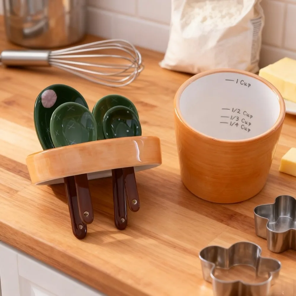 Flower Pot Ceramic Measuring Spoons Set Cactus Shape with Base Baking Spoons Space Saving Cactus Ornament Baking Use