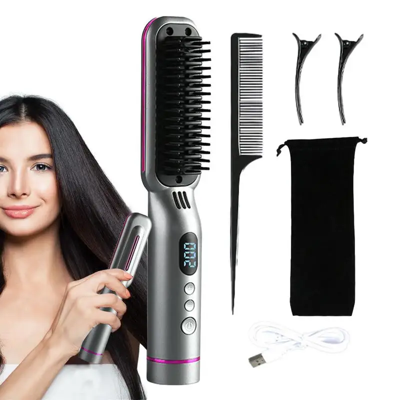 

Mini Hair Straightener Hot Comb Hair Styling Tools Hair Brush Cordless Straightener Comb Fast Heating Styling Brush With LCD