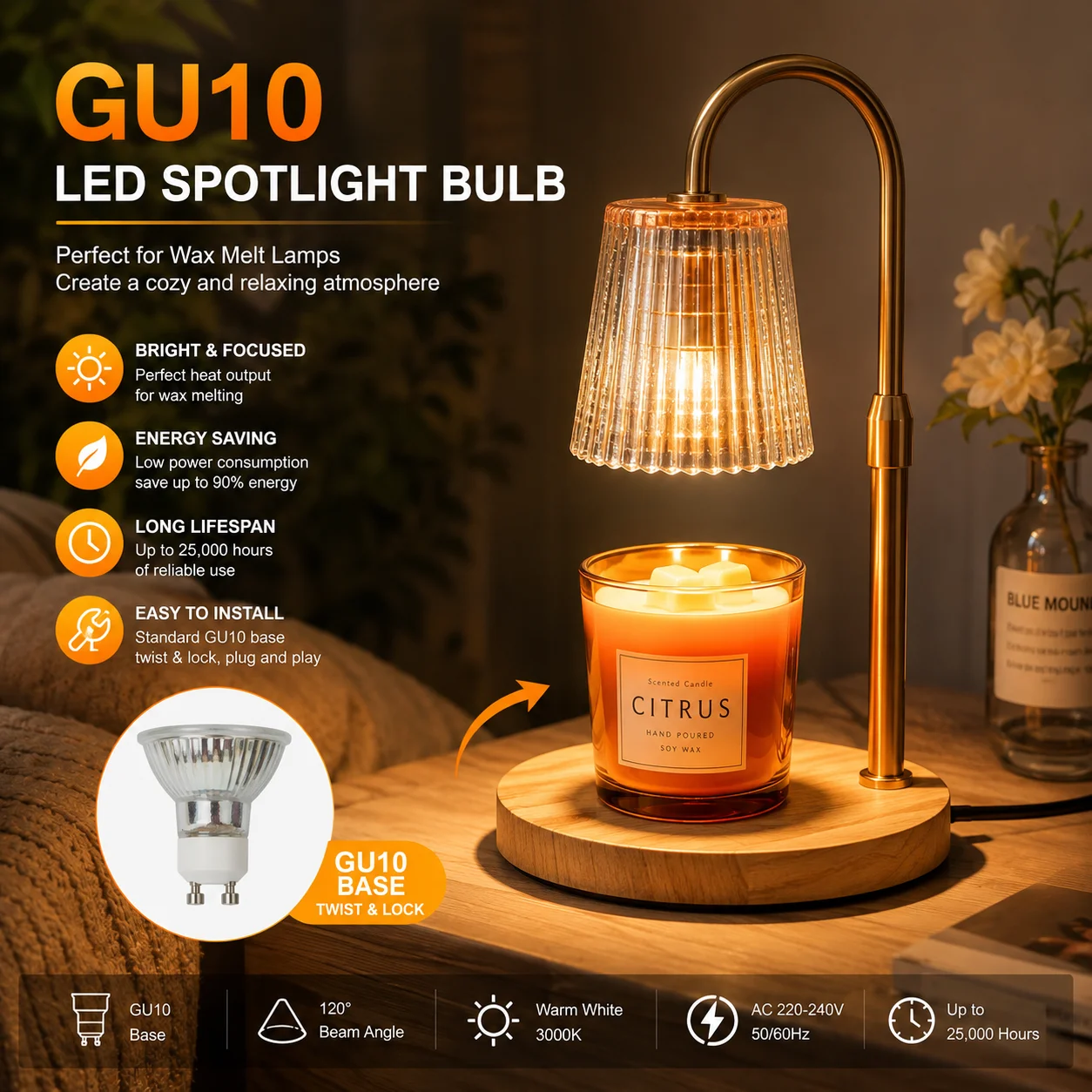GU10 50W Candle Warmer Lamp Replacement Halogen Bulb 230V Dimmable Warm White For Wax Melter Ceiling Recessed Spotlight Lamp