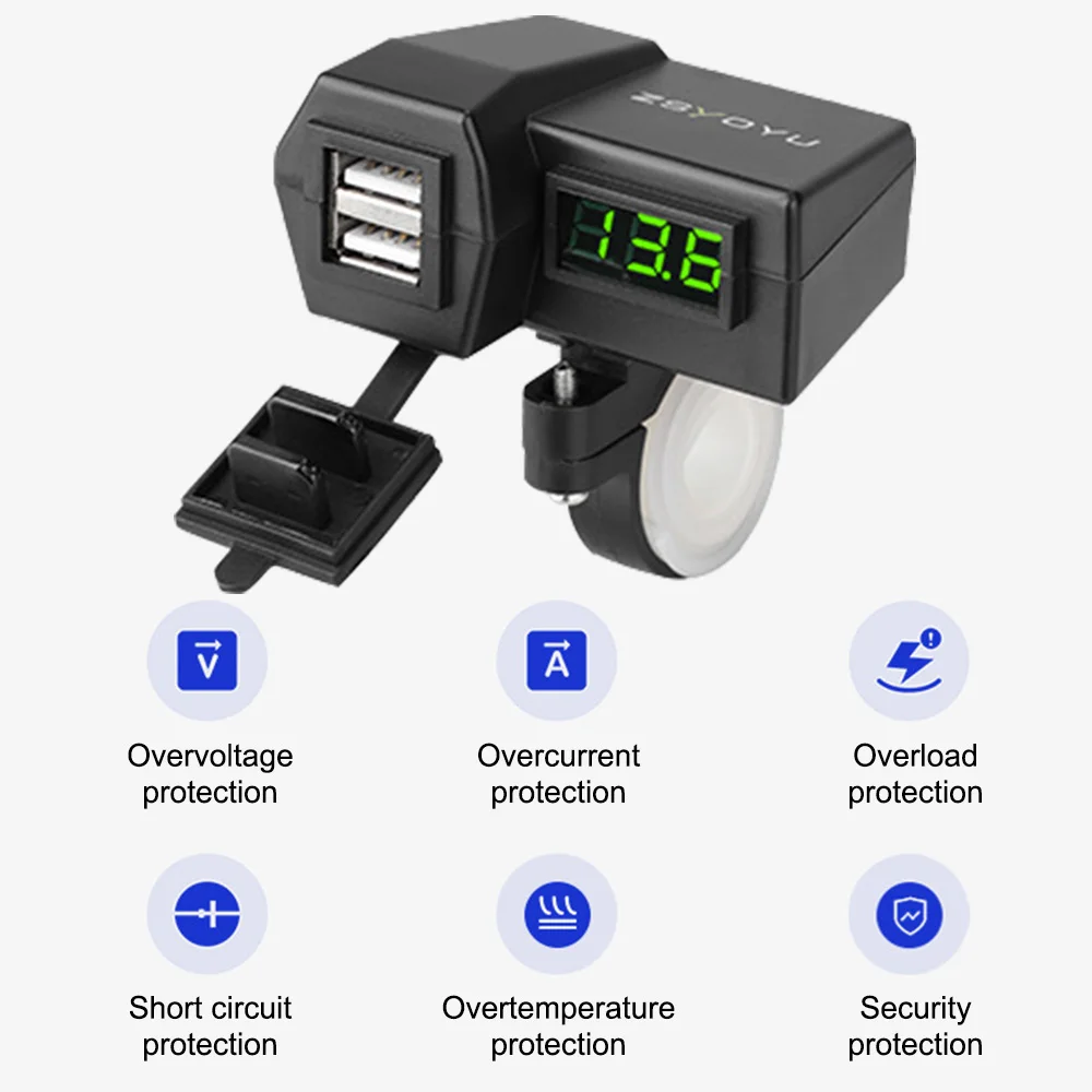 Motorcycle USB Chargers With 25A Fuse 5V 3.6A Quick Charge 3.0 Splitter Dual Ports With Voltmeter Waterproof Cover 12-24V