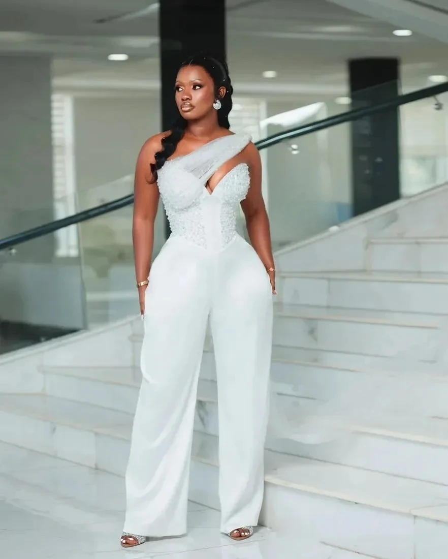 Ivory One Shoulder Wedding Jumpsuits Bridal Reception Dress Pearls Beaded Sweetheart Corset Long Formal Events Gowns