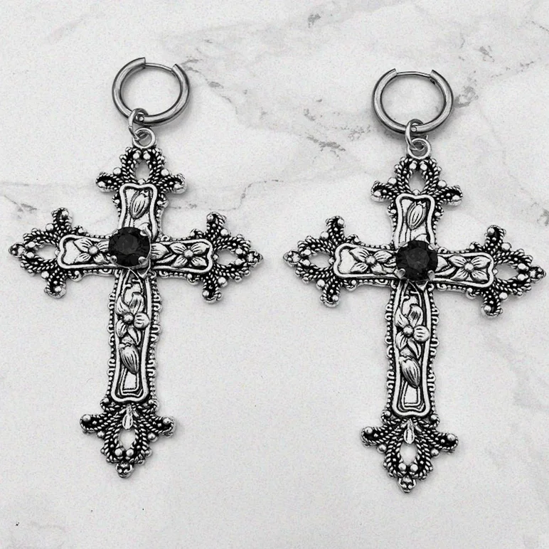 Gothic Ornate Cross Hoop Earrings - Antique Silver Plated Red/Black Crystal Cross Drop Earrings, Dark Grunge Jewelry