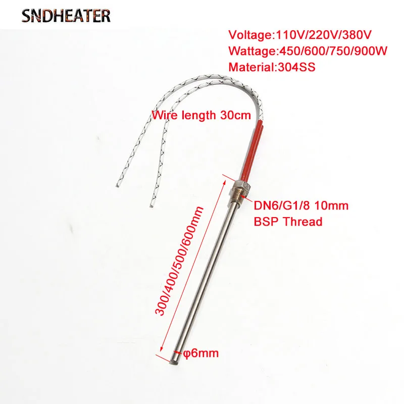 SNDHEATER 1 шт. 110 В/220 В/380 В резьбовая нагревательная труба с одной головкой 304SS DN6 G1/8 10 мм BSP резьбовой картриджный нагреватель 6x300-600 мм трубка