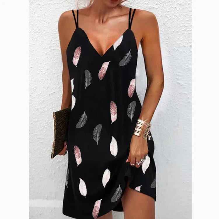 Summer Printed Beach Spaghetti Dress For Women\'s Fashion Sexy V Neck Plus Size S-5XL Loose Sleeveless Casual Female Vestidos