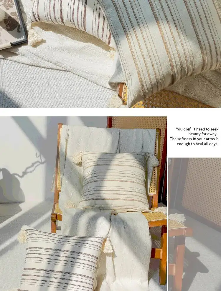 Boho Weiche & Gemütliche Kissenbezüge Gestreifte Quadratische Neutrale Kissenhüllen mit Quasten Landhaus-Stil Sofakissenbezug für Sofa und Bett – Detail 8