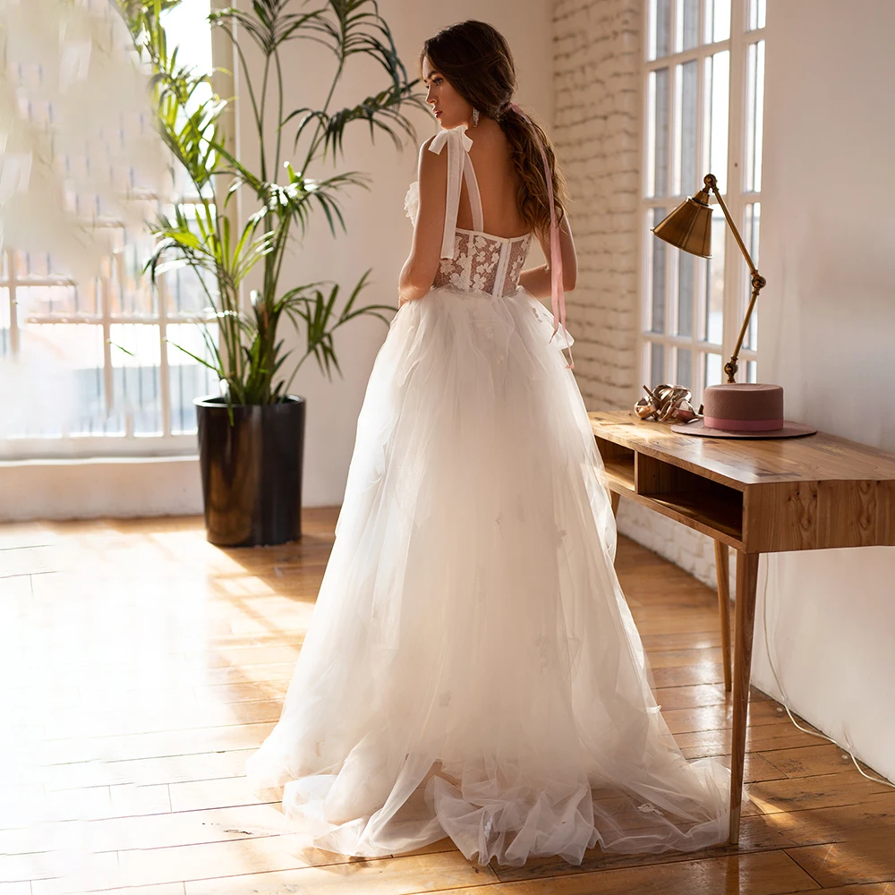 Robe de mariée en Tulle, motif de fleurs 3D, style bohémien, avec des Appliques, décolleté en cœur, ruban sur mesure, bretelles Spaghetti, ligne A, dos nu