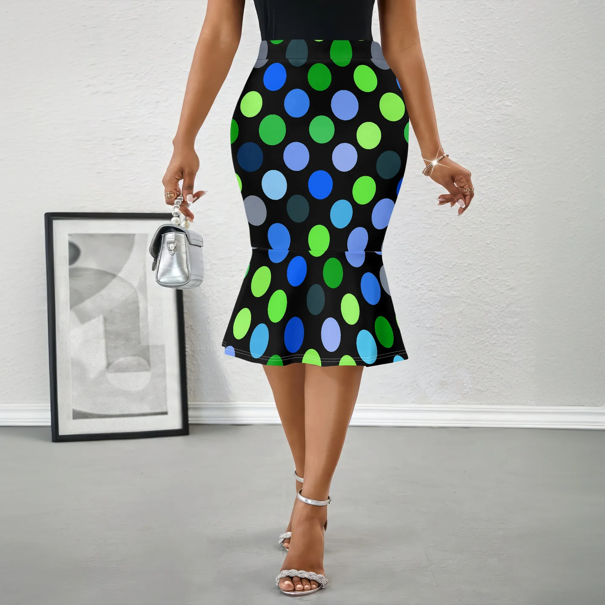 Vibrant Polka Dot Mermaid Skirt, Green Blue Dots Pencil Skirt, Black Base Midi Skirt, Elegant Party Wear, S-2XL