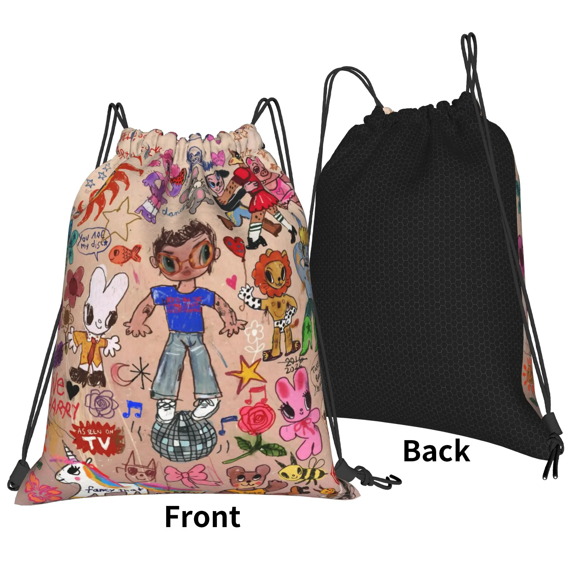 Kiss All The Time Cartoon Drawstring Backpack Sports Gym Bag Harrys Music Styles String Sackpack for Cycling 36cm (W) x 43cm (H)