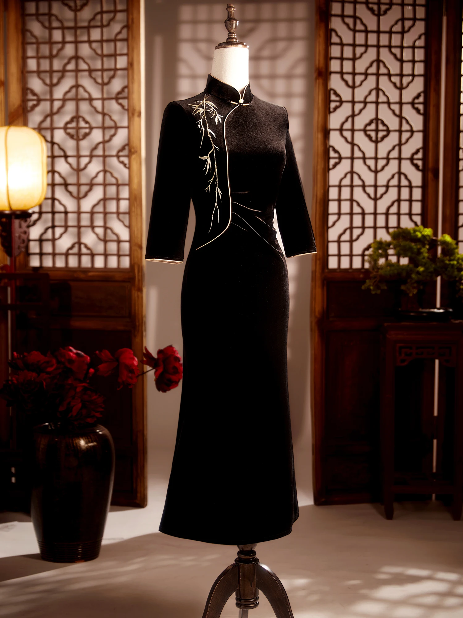 

Bla Fi Tail Long Sve New Chinese Sle Reformed for Mommy Autumn Winter Velvet Bamboo Le Women's Dr