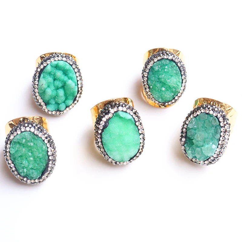 Irregular Druzy Quartz Stone Open Ring for Women Micro Inlay Black Rhinestone Gold Plated Boho Finger Jewelry Resizable