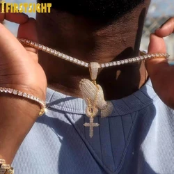 New Iced Out Bling Praying Hands Cross Pendant Necklaces Silver Color Cubic Zirconia Charm For Men Women Hip Hop Jewelry
