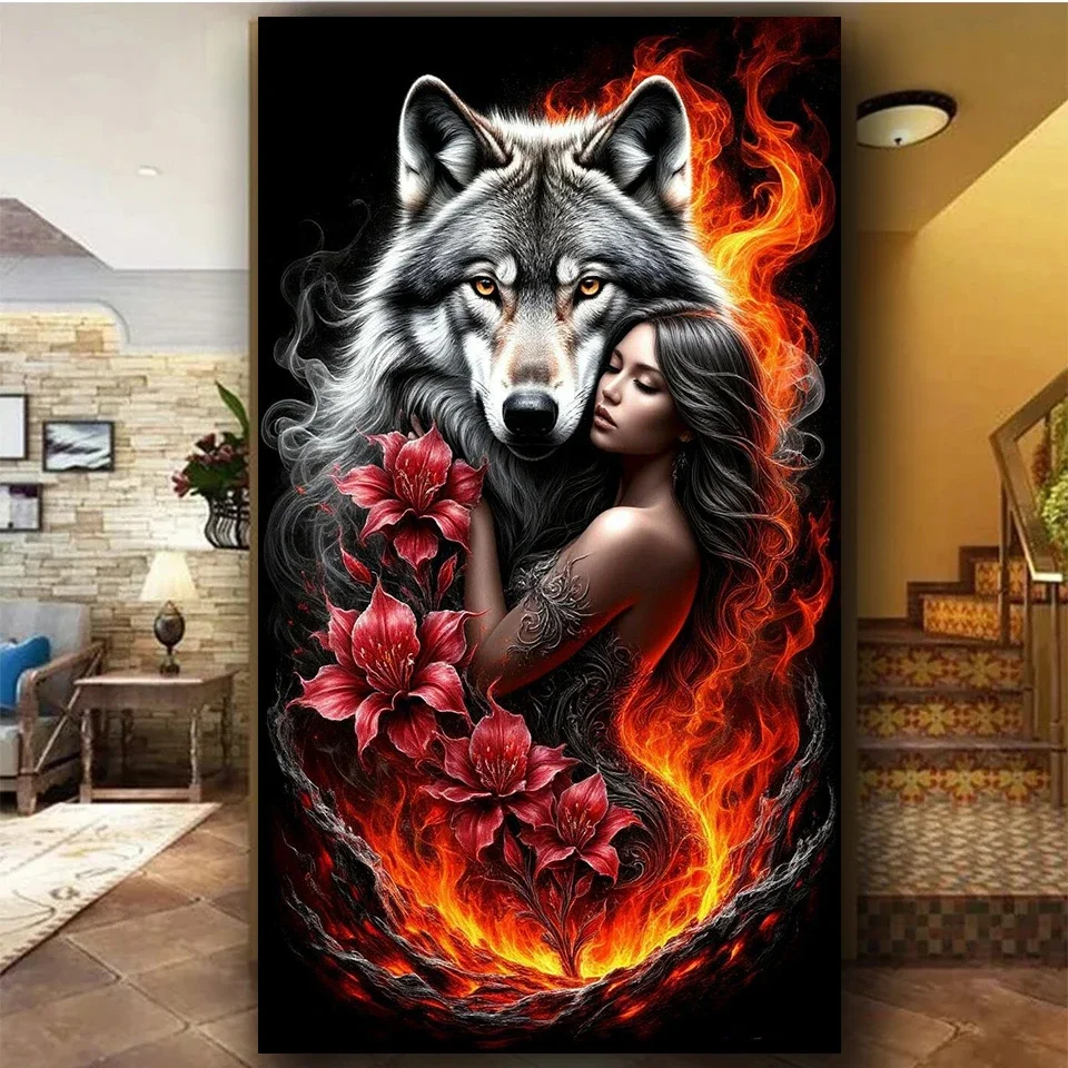 

Огненный волк, объятие, женщина, алмазная живопись, новинка 2026, полная квадратная круглая алмазная мозаика, искусство «сделай сам», украшение для дома на Хэллоуин, подарок на год лошади