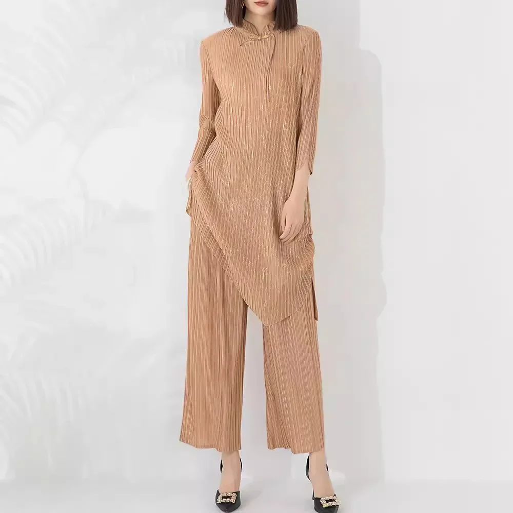 A two-piece suit for women Miyake Pleated Fashion high-neck seven-point sleeve irregular long T-shirt + wide-leg pants