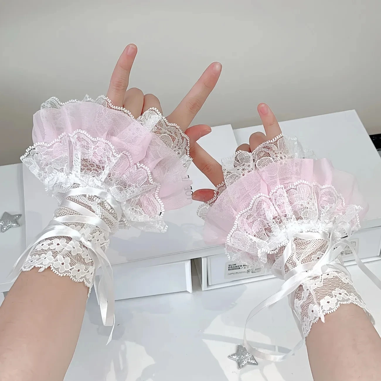 JK Lolita Lace Sleeves Wristband Silk Ribbon Y2K Lace Wrist Cuffs Black Blue Ruffles Gloves for Girls Cosplay Costume Props