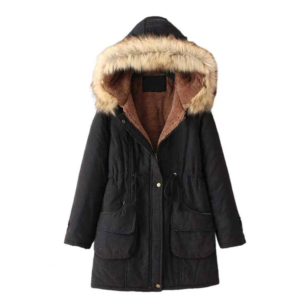 女性用ミッドレングスコットンジャケット,巾着付きフェイクファー,フード,フリース,ジッパー,ボタン,防風,アウター,冬