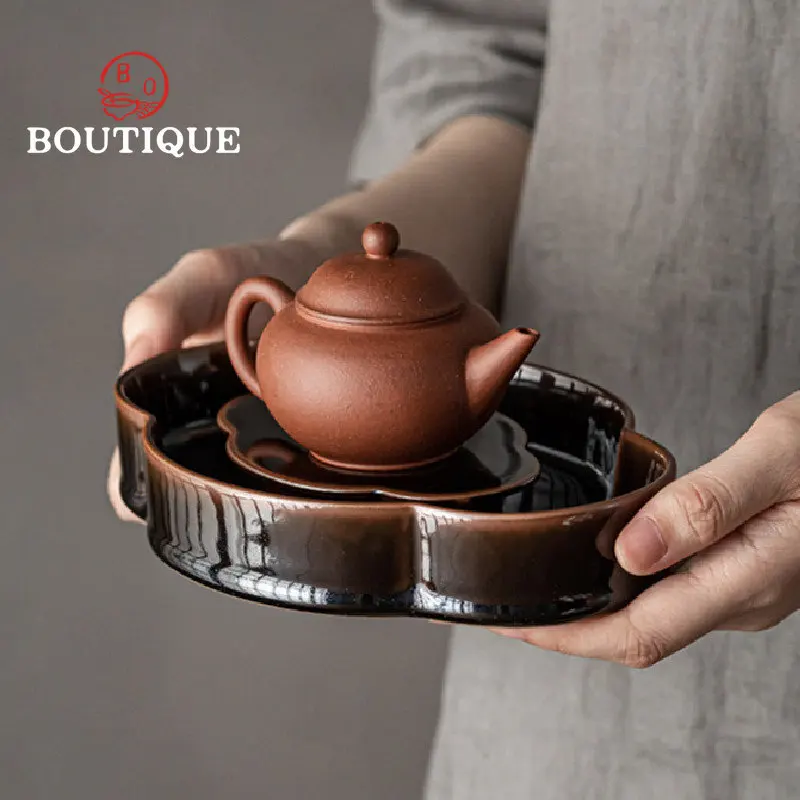 Tianmu Glazed Pot Inherits New Chinese Style Dry Tea Tray Kung Fu TeaSet Built Water Raising Pot Tray Water Storage Body Begonia