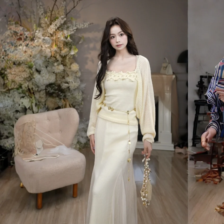 

Комплект из двух предметов: вязаный топ с воротником Питер Пэн и декоративными цветами ручной работы от Auntie O'Leary, 3D-эффект, полиэстер, весенний сезон, женская одежда