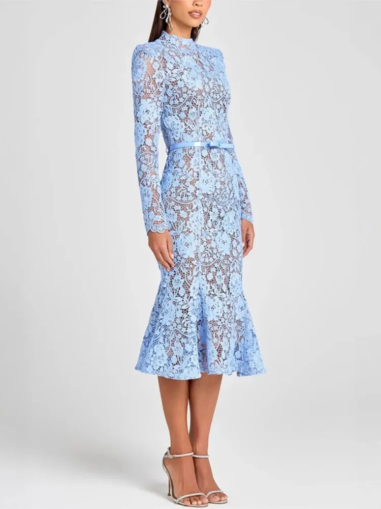 Autumn Sexy Lace See Through Jacquard Prom Fishtail Long Dress Elegant Women Dress Crochet Hollow High-waist Bodycon Dresses