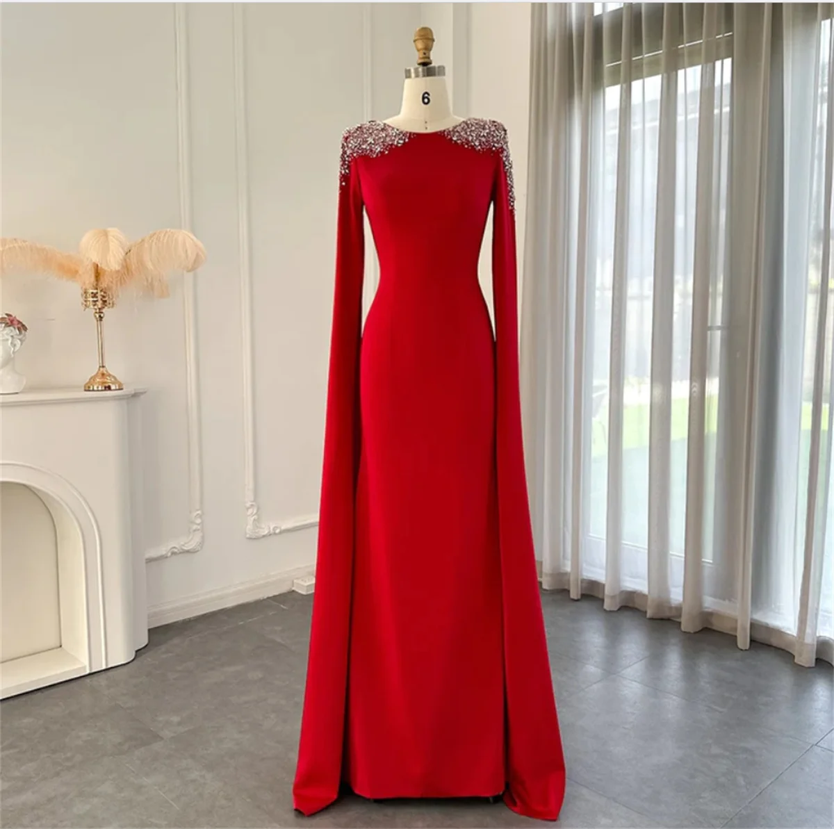 

Women's Long Sleeve V Neck Satin Evening Dresses Shoulder Flower Beaded Elegant Formal Occasion Gowns Party Birthday Dresses